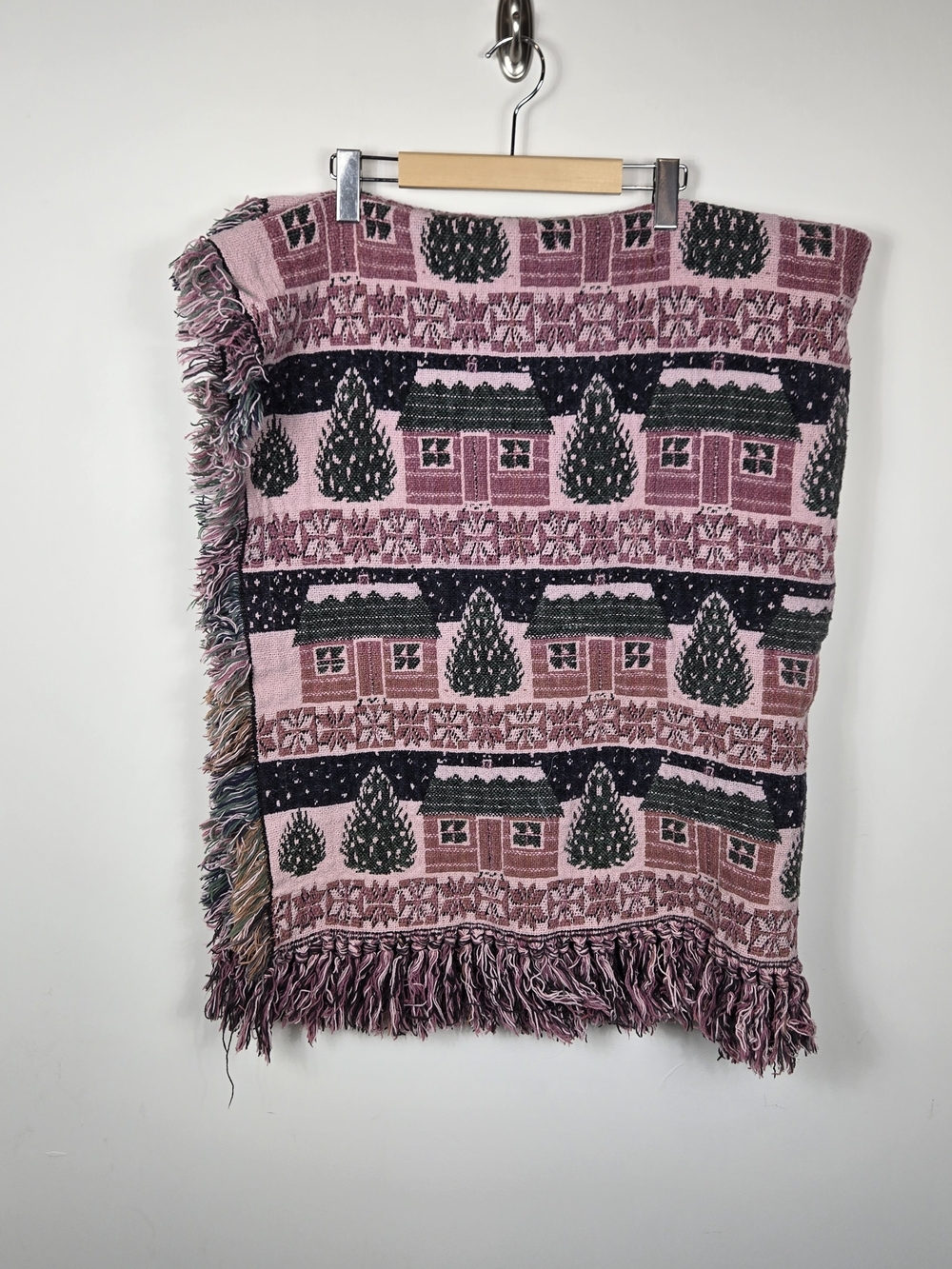 Vintage Cottagecore Woven Throw Blanket Pink Cabin Tapestry Fringe 60x47